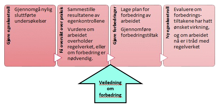 Figur som viser de fire tilsynsaktivitetene barnevernet skal gjøre. Samme innhold som teksten før figuren. Fire rosa rektangler og en grønn pil med tekst som peker på rektanglene: Veiledning om forbedring.